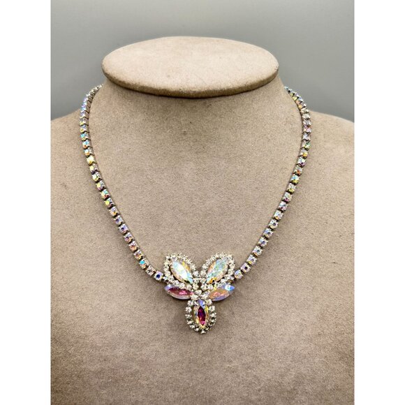 Vintage Weiss Aurora Borealis Crystal Necklace Rhinestones Choker 15" - Picture 8 of 10